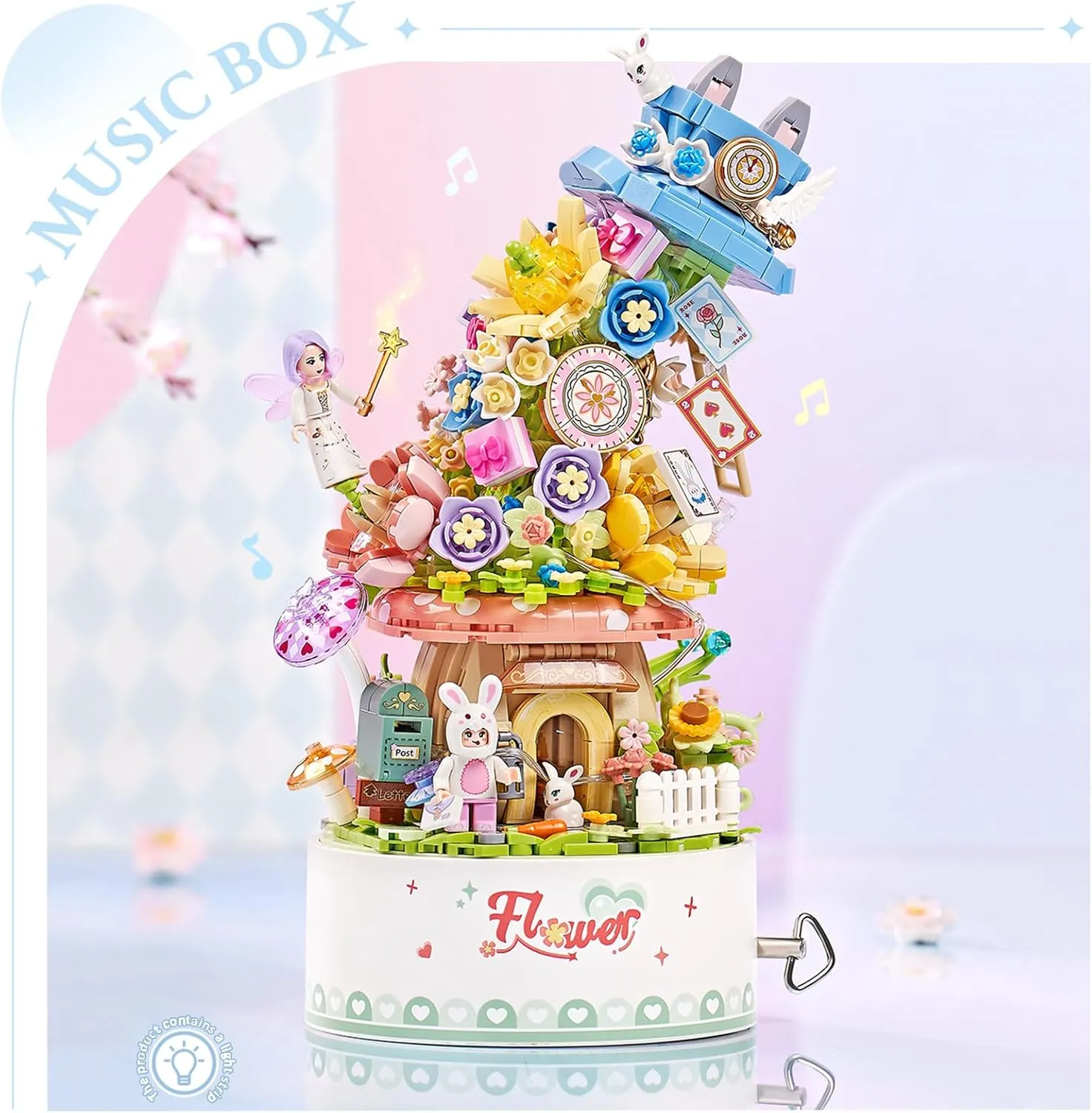 Flower Bonsai Botanical Collection with Light,Home Decor (Flower) Falls Building arboreal narrower successful precise accumulation Blocks Rotating Music Box Set,Candy 