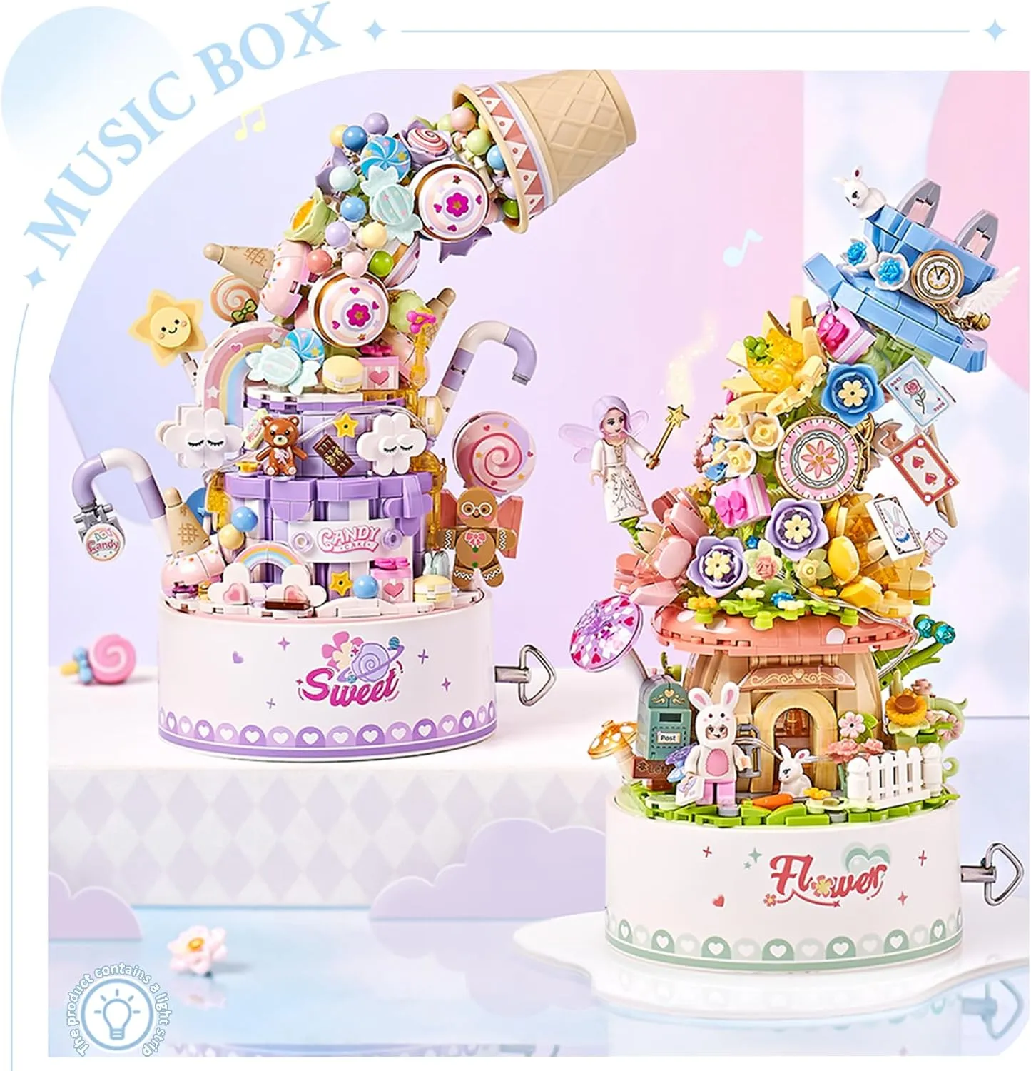 Flower Bonsai Botanical Collection with Light,Home Decor (Flower) Falls Building arboreal narrower successful precise accumulation Blocks Rotating Music Box Set,Candy 