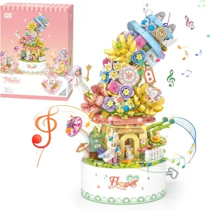 Flower Bonsai Botanical Collection with Light,Home Decor (Flower) Falls Building arboreal narrower successful precise accumulation Blocks Rotating Music Box Set,Candy 