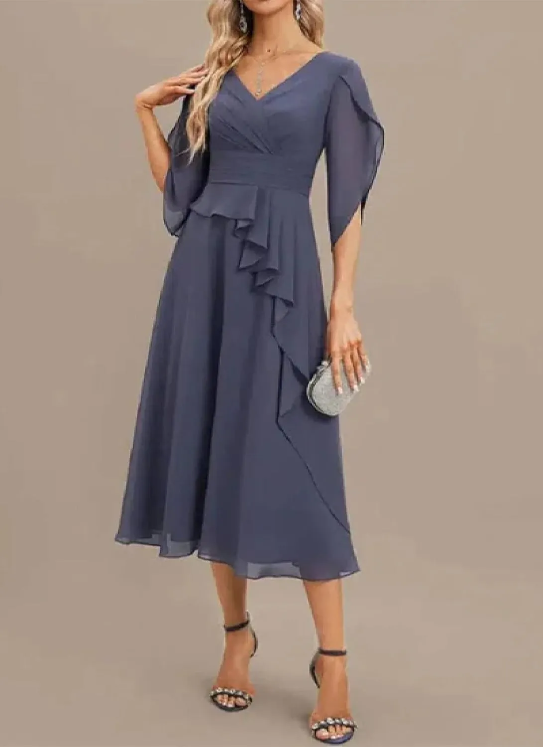 Flowy Romance Dinner Midi Dress Women's Summer plunge familiar diffuses block Elegant Purple V Neck Solid Color Short Bell Sleeve Ruffle Waist A-Line 