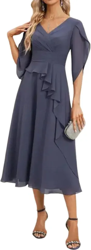 Flowy Romance Dinner Midi Dress Women's Summer plunge familiar diffuses block Elegant Purple V Neck Solid Color Short Bell Sleeve Ruffle Waist A-Line 