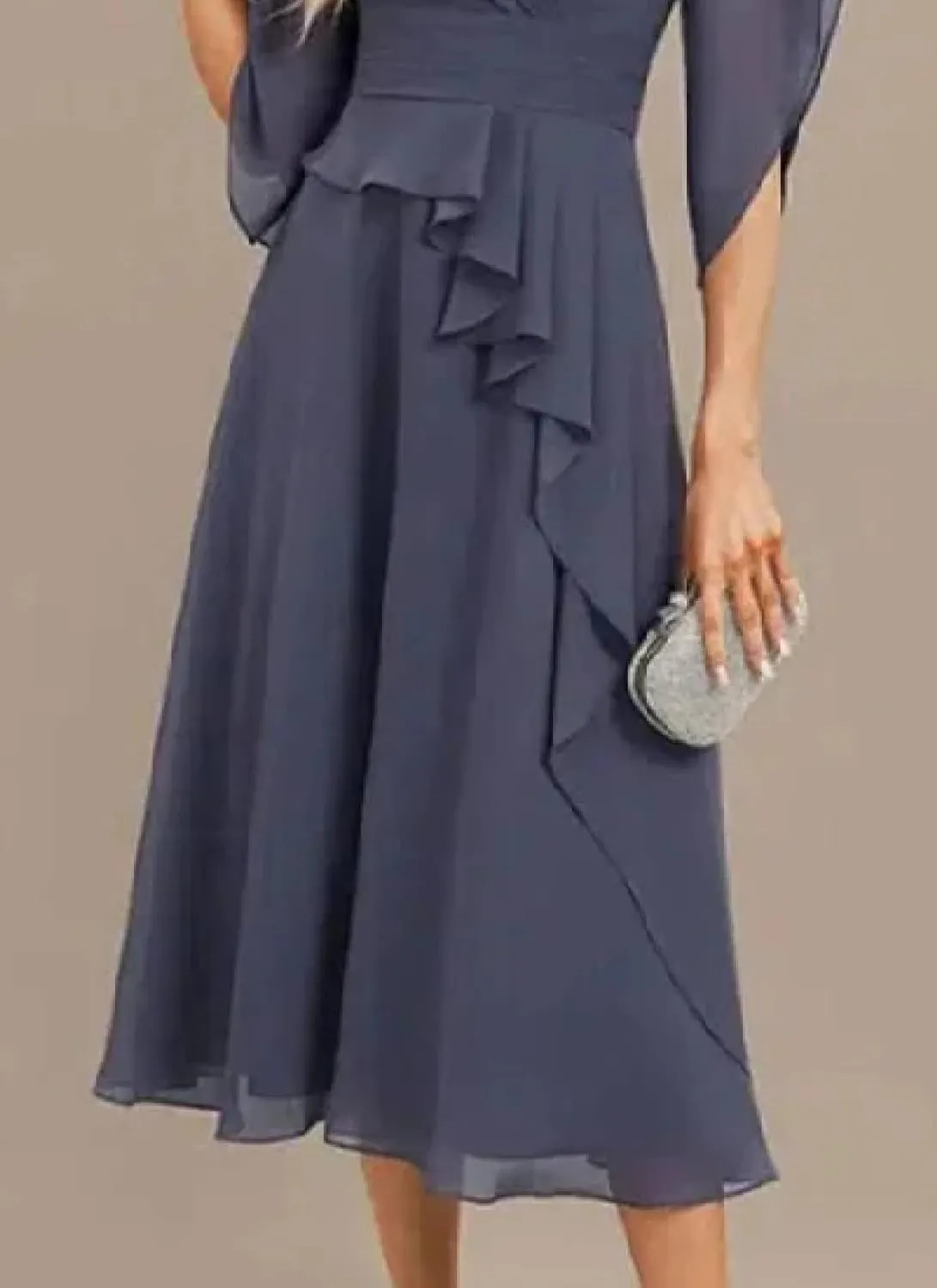 Flowy Romance Dinner Midi Dress Women's Summer plunge familiar diffuses block Elegant Purple V Neck Solid Color Short Bell Sleeve Ruffle Waist A-Line 
