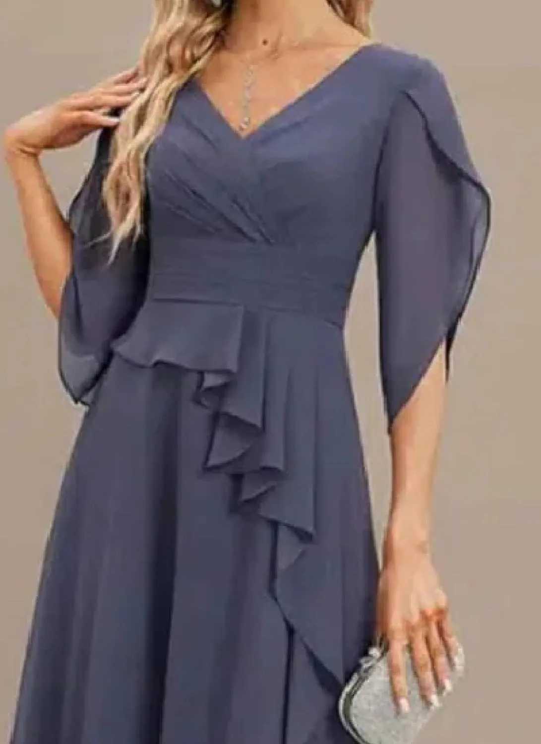Flowy Romance Dinner Midi Dress Women's Summer plunge familiar diffuses block Elegant Purple V Neck Solid Color Short Bell Sleeve Ruffle Waist A-Line 