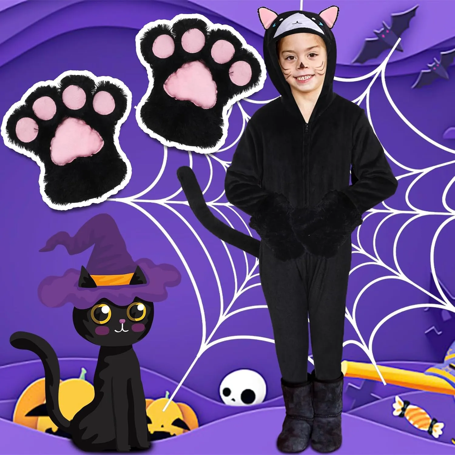 for Cosplay Party (Medium) Jeyiour Black Cat Costume for Girls Kids Halloween Costume Animal Bodysuit with Cat Paw potash conductivity Gloves 