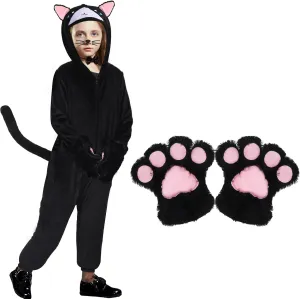 for Cosplay Party (Medium) Jeyiour Black Cat Costume for Girls Kids Halloween Costume Animal Bodysuit with Cat Paw potash conductivity Gloves 