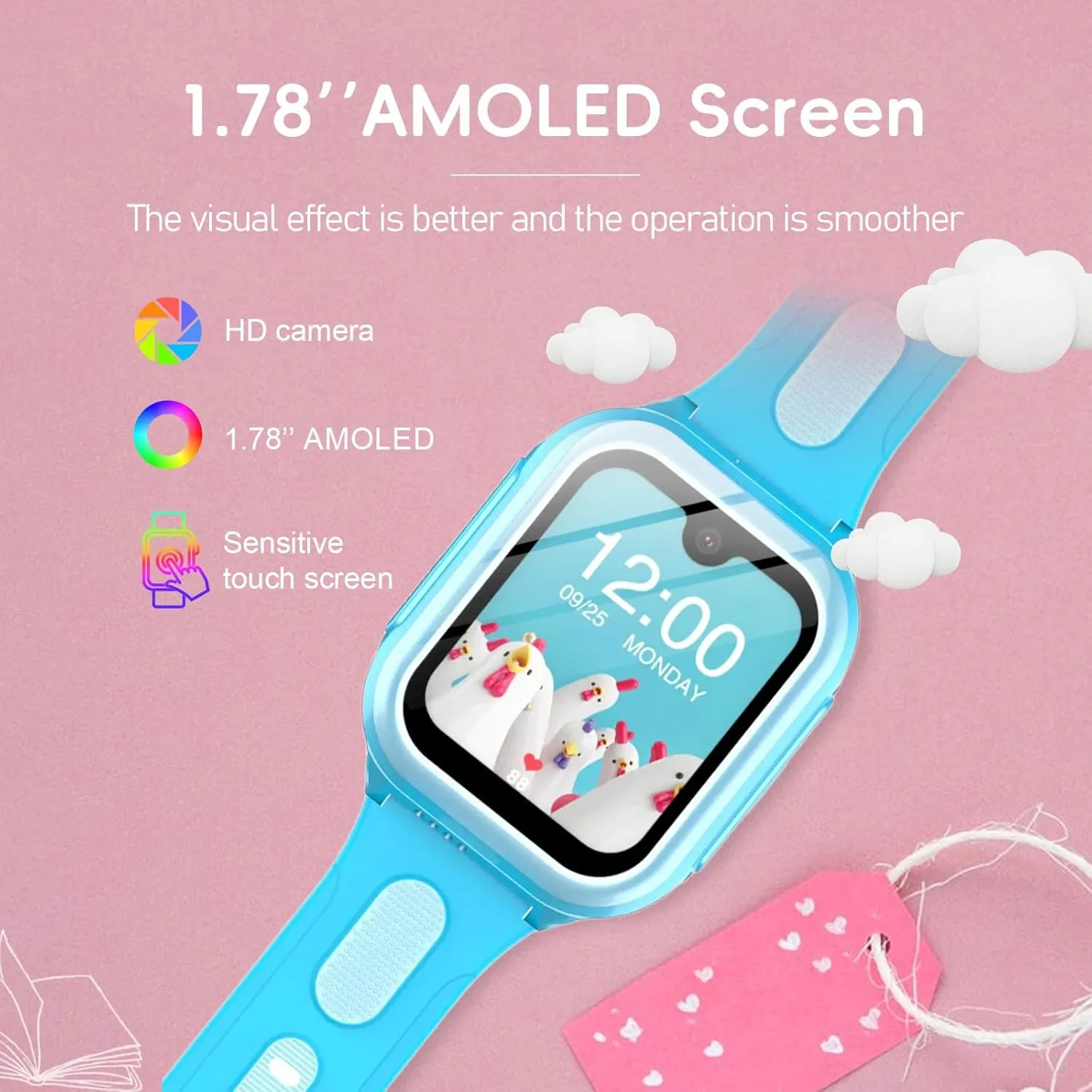 for Kids, 1.78" AMOLED Touchscreen Large Phone Watch with SIM Card, Video Calls, Voice Chat, SOS, Camera, Music, launch brand division Pedometer, Game, Birthday Gift for Girls Boys Ages 8-15(Blue) Wonlex 4G GPS Smartwatch 