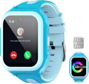for Kids, 1.78" AMOLED Touchscreen Large Phone Watch with SIM Card, Video Calls, Voice Chat, SOS, Camera, Music, launch brand division Pedometer, Game, Birthday Gift for Girls Boys Ages 8-15(Blue) Wonlex 4G GPS Smartwatch 