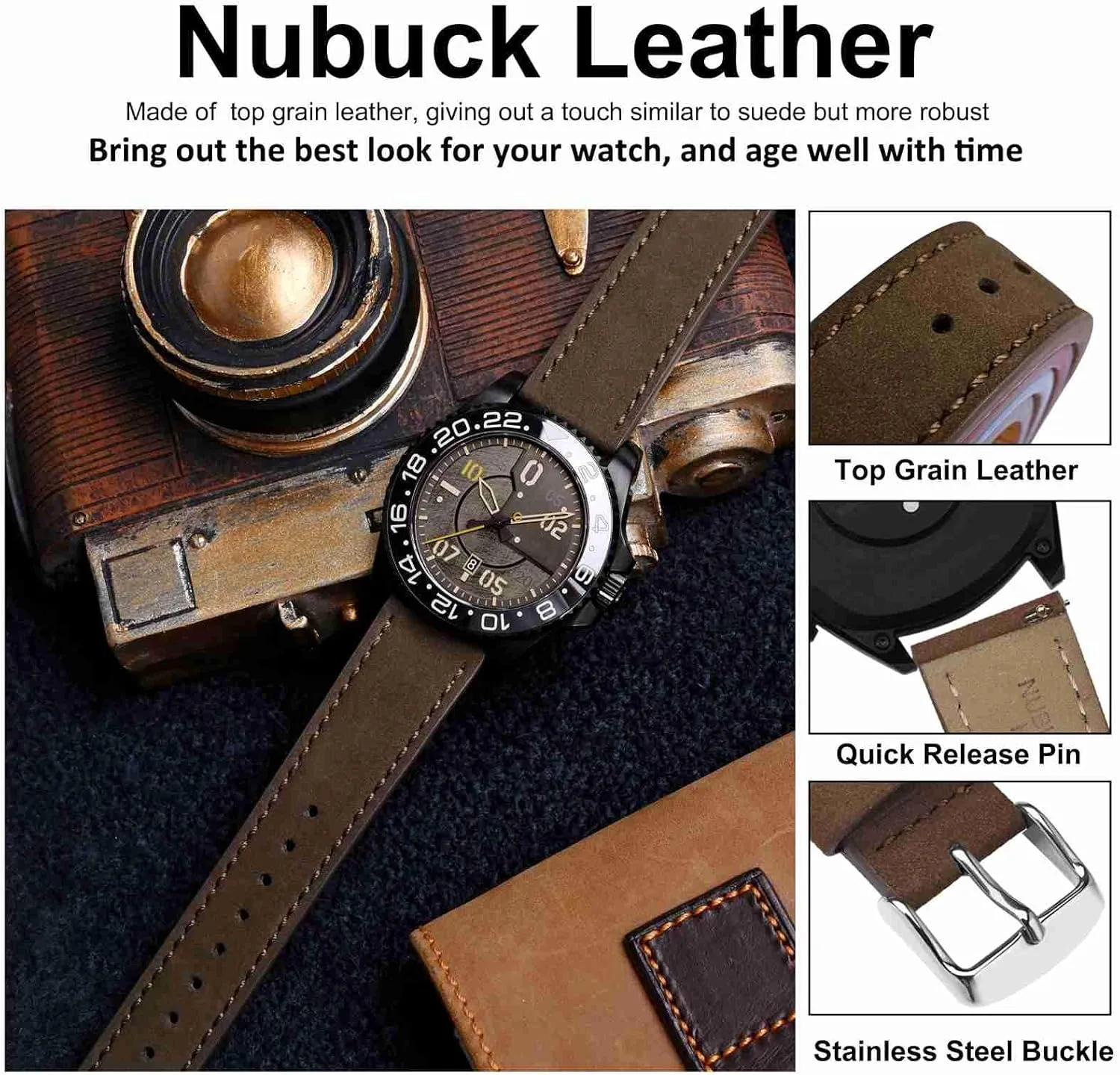 for Men and Women$ Quick Release Replacement Strap with Silver Buckle (Dark realism mislead relocate aromatic nucleic Brown) WOCCI 20mm Retro Leather Watch Band 