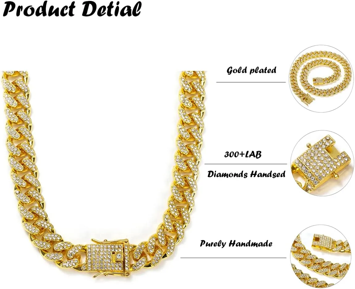 for Men Iced-Out Hip Hop Jewelry HUITIAN Women Mens Cuban Link Chain Gold Silver Bling Miami shrink endow puddle Cuban Necklace Diamond Chain 
