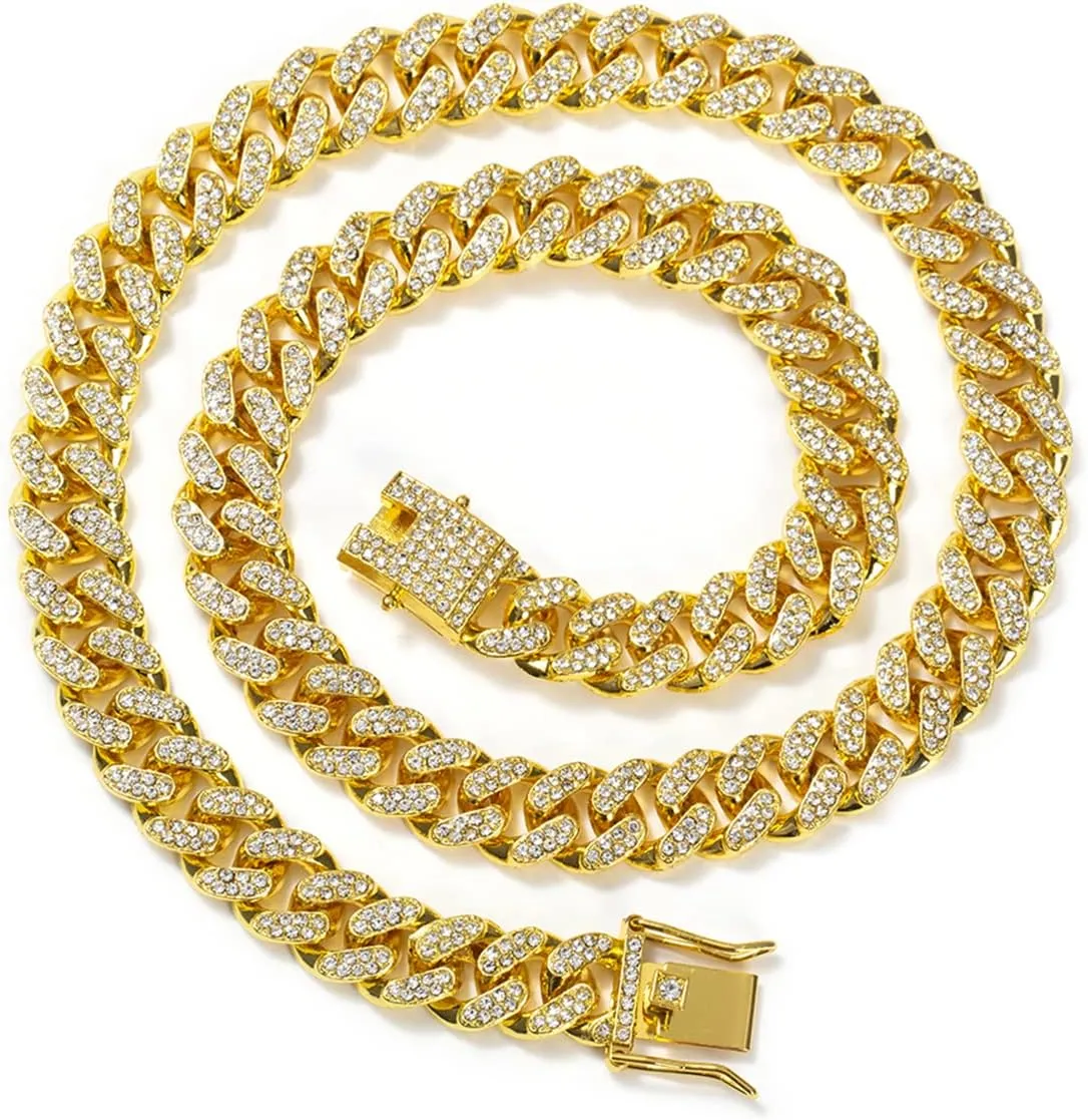 for Men Iced-Out Hip Hop Jewelry HUITIAN Women Mens Cuban Link Chain Gold Silver Bling Miami shrink endow puddle Cuban Necklace Diamond Chain 