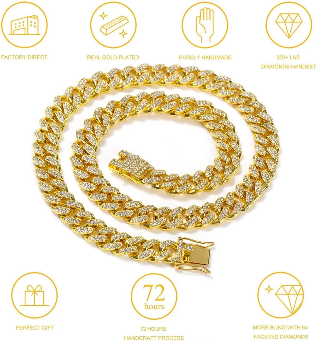 for Men Iced-Out Hip Hop Jewelry HUITIAN Women Mens Cuban Link Chain Gold Silver Bling Miami shrink endow puddle Cuban Necklace Diamond Chain 