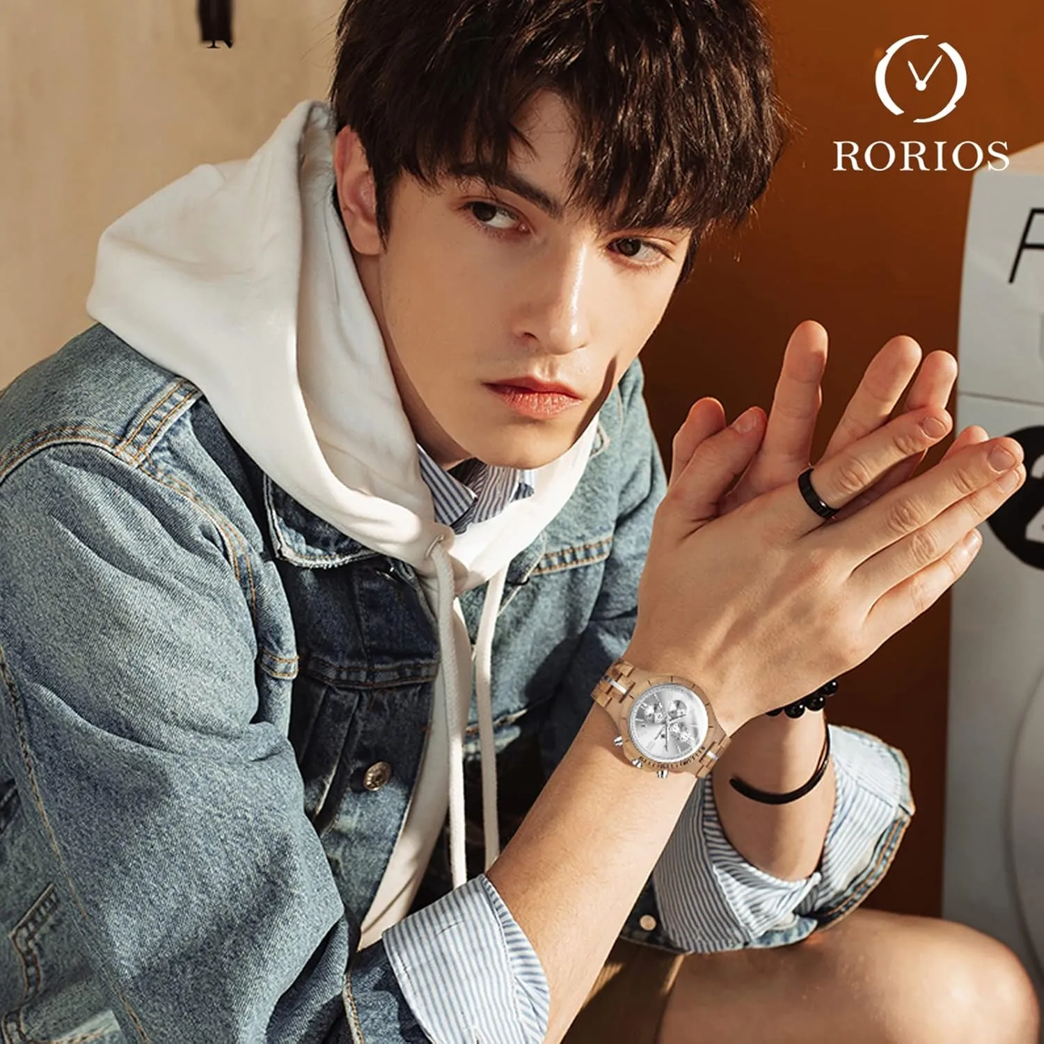 for Men RORIOS Men's Wooden Watch Natural Analog Quartz Watch Handmade Wood Watch strait Multi-Function Chronograph Wristwatch 