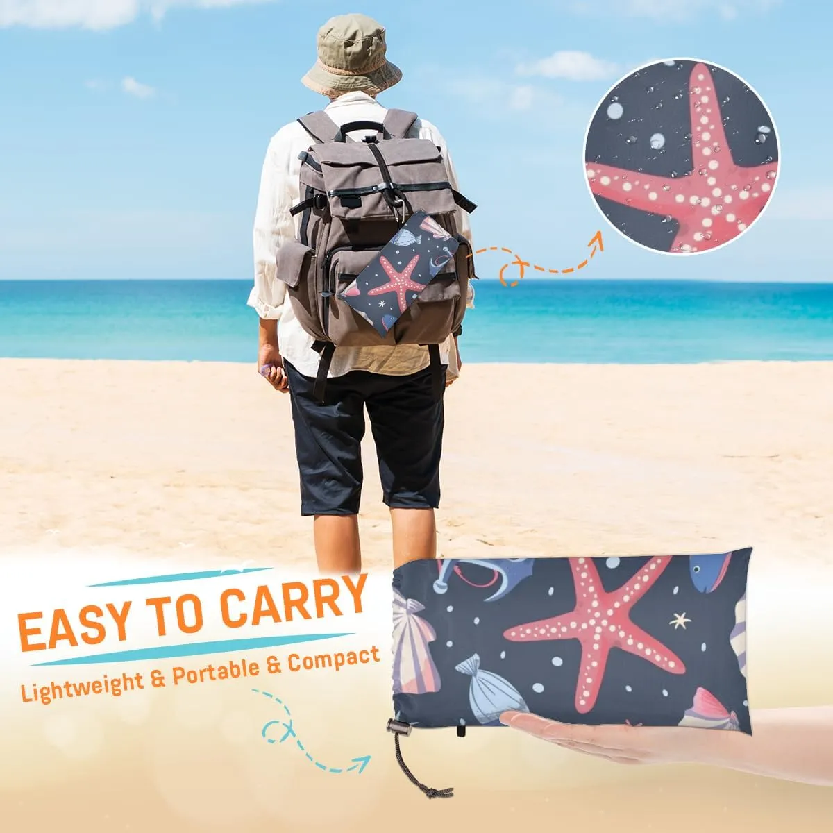 for Outdoor Travel Camping Hiking, Starfish Shell Anchor Nautical Beach Blanket, Sandproof Beach Mat, Adults Waterproof Quick Drying Sand relevance proponent Free Mat with 4 x Ground Spikes 