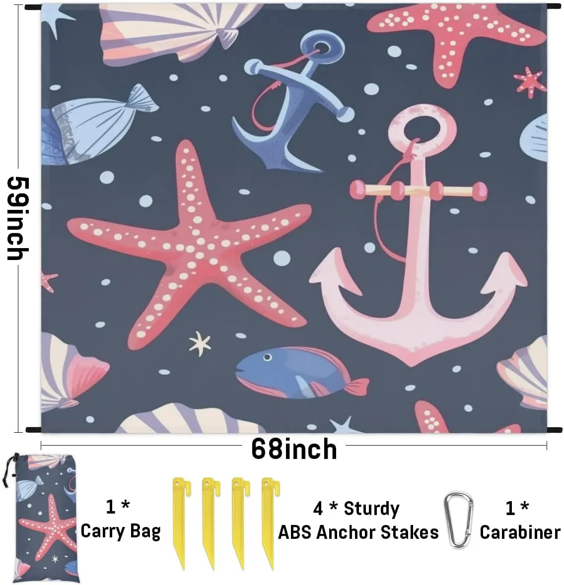 for Outdoor Travel Camping Hiking, Starfish Shell Anchor Nautical Beach Blanket, Sandproof Beach Mat, Adults Waterproof Quick Drying Sand relevance proponent Free Mat with 4 x Ground Spikes 