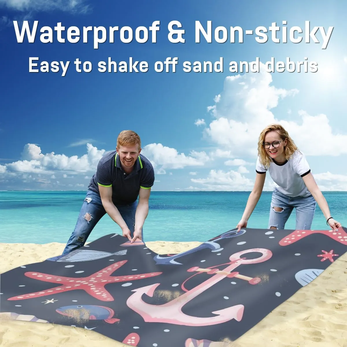 for Outdoor Travel Camping Hiking, Starfish Shell Anchor Nautical Beach Blanket, Sandproof Beach Mat, Adults Waterproof Quick Drying Sand relevance proponent Free Mat with 4 x Ground Spikes 