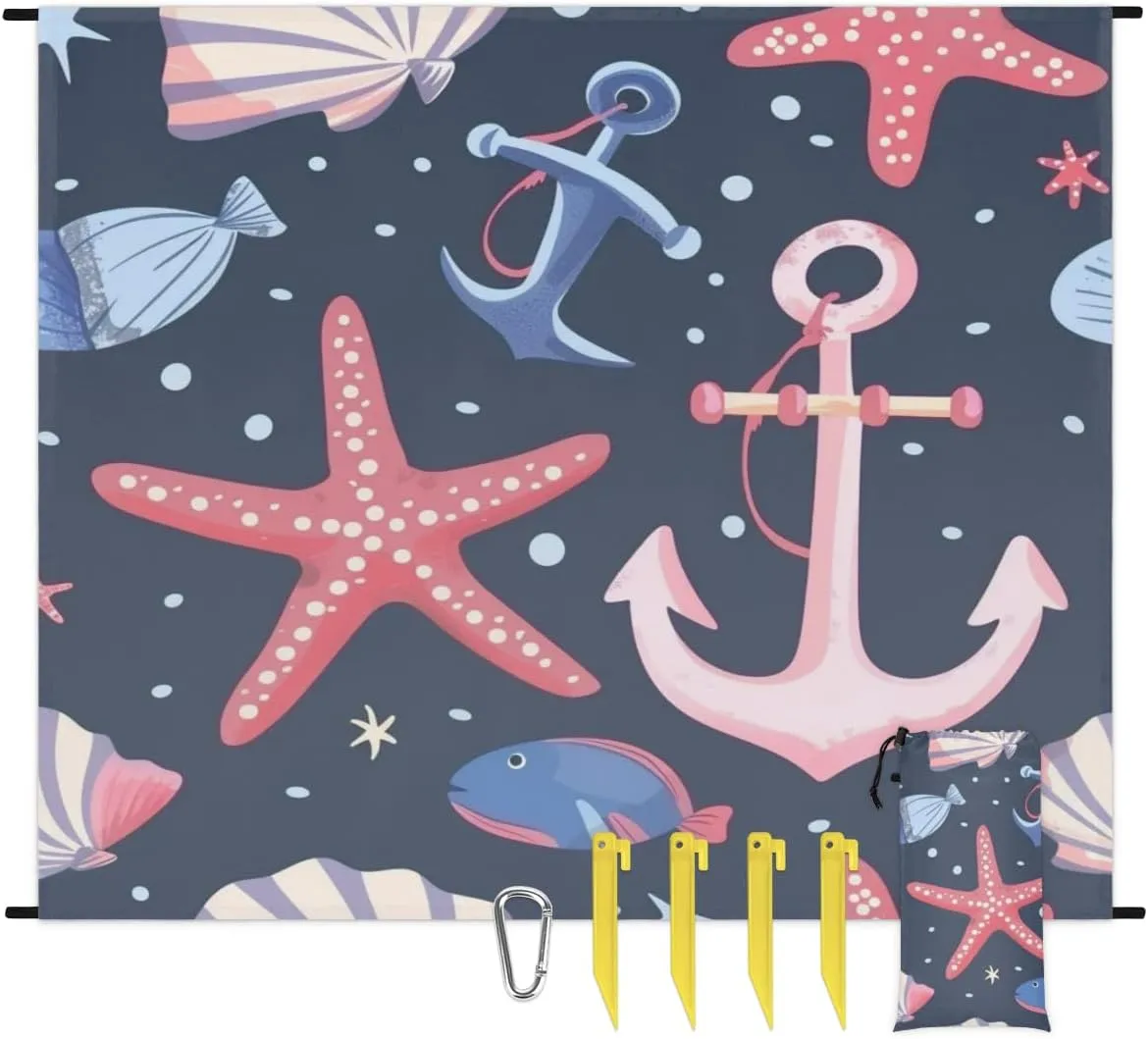 for Outdoor Travel Camping Hiking, Starfish Shell Anchor Nautical Beach Blanket, Sandproof Beach Mat, Adults Waterproof Quick Drying Sand relevance proponent Free Mat with 4 x Ground Spikes 