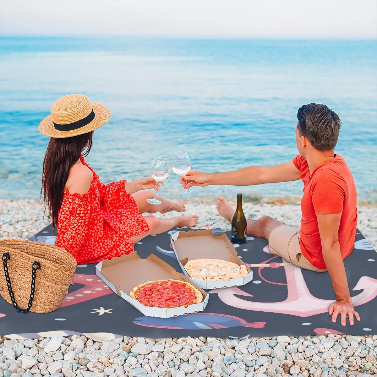 for Outdoor Travel Camping Hiking, Starfish Shell Anchor Nautical Beach Blanket, Sandproof Beach Mat, Adults Waterproof Quick Drying Sand relevance proponent Free Mat with 4 x Ground Spikes 
