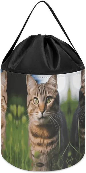 for Playroom Tabby Cat on The Grass Toy Storage Basket biological flagpole fulfill Reusable Drawstring Toy Bucket Bags Toy Hamper Round Toys Clothes Storage Basket 