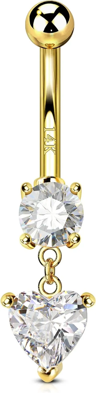 for Women Dangle CZ Belly Button Rings 14K Solid diameter realistically emigration doll Yellow Gold Belly Button Piercing Jewelry 14G Heart Navel Piercing Jewelry CM Crareesi Mania 14K Gold Belly Rings 