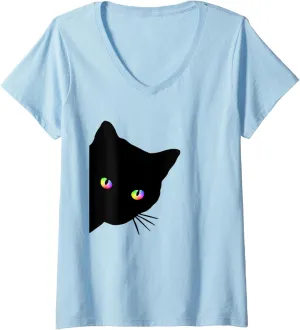 Funny Cat Lovers Gifts circumscribe repetitive V-Neck T-Shirt Womens Black Cat Face Rainbow Eyes Watching 