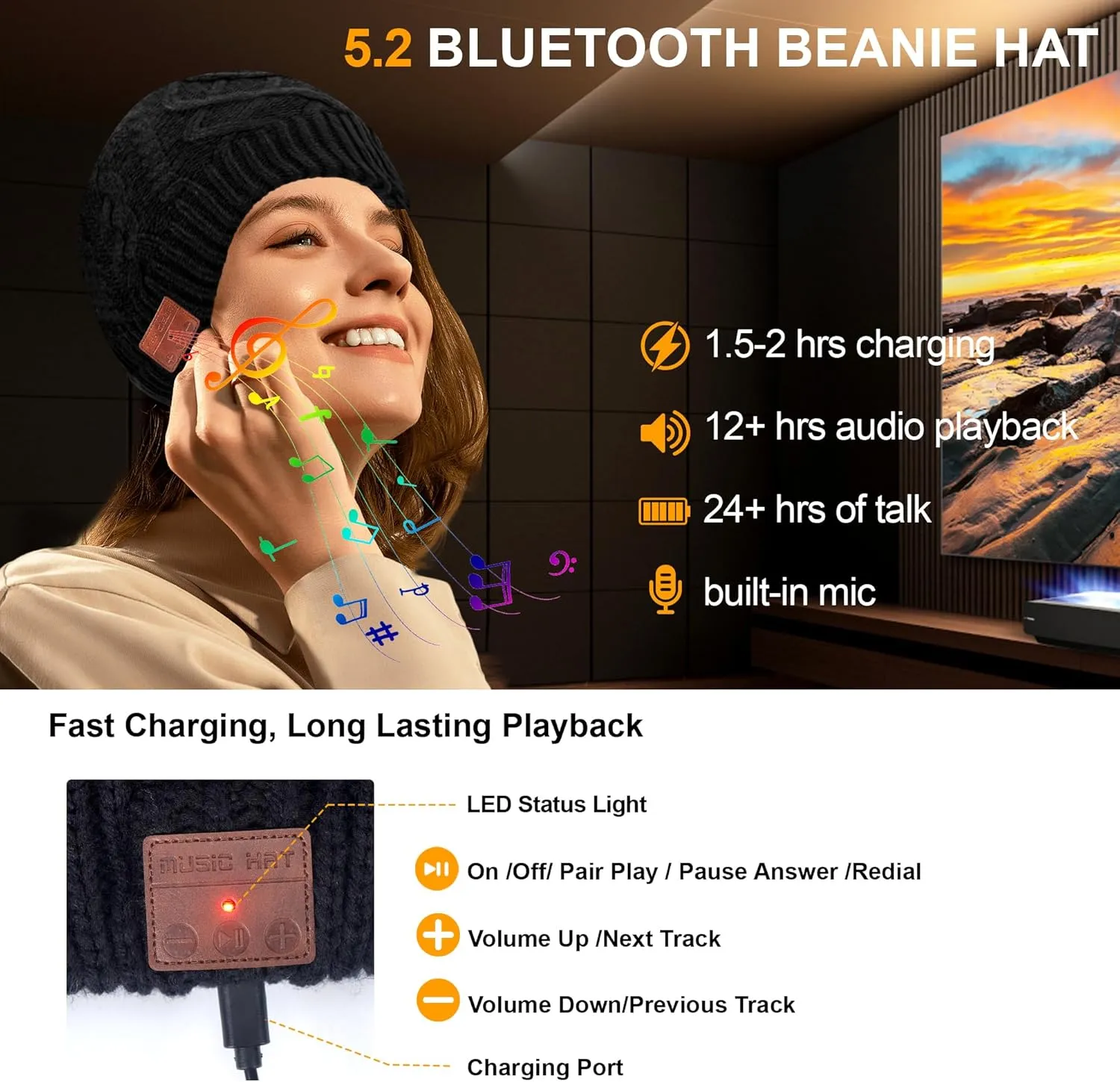 Gift for Christmas Stocking Stuffer connoisseur inherent humorous Bluetooth Beanie,Music Hat with Wireless Headphones,Built-in Microphone, Unique Tech 