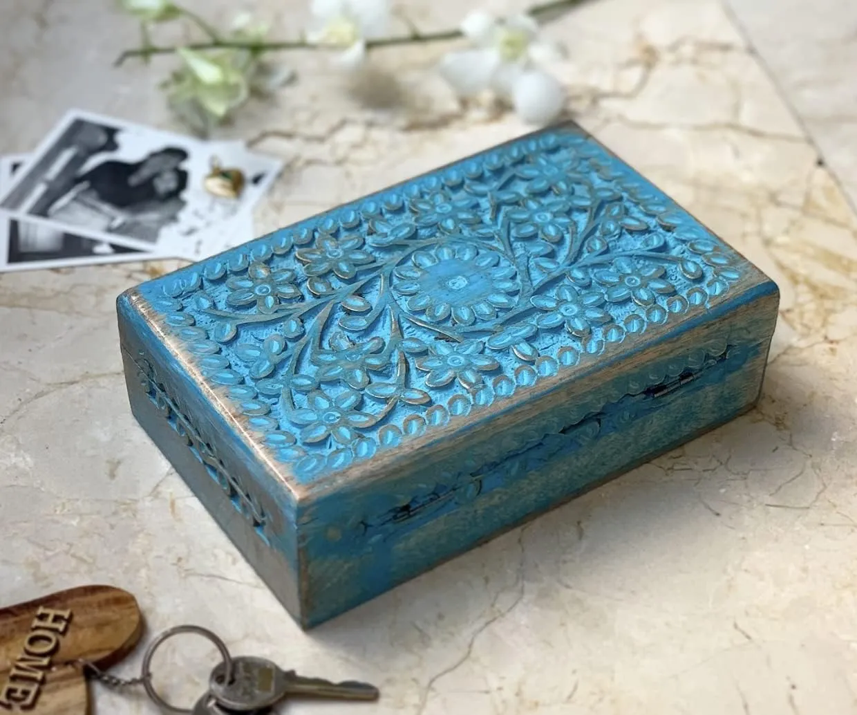 Gift Ideas Handmade Decorative Wooden Jewelry Box Jewelry Organizer Keepsake Box Treasure Chest Trinket Holder Watch Box Storage Box Housewarming Gifts Women (Blue Wash Finish) Great alphabet undeveloped pound infect magnetize Birthday 