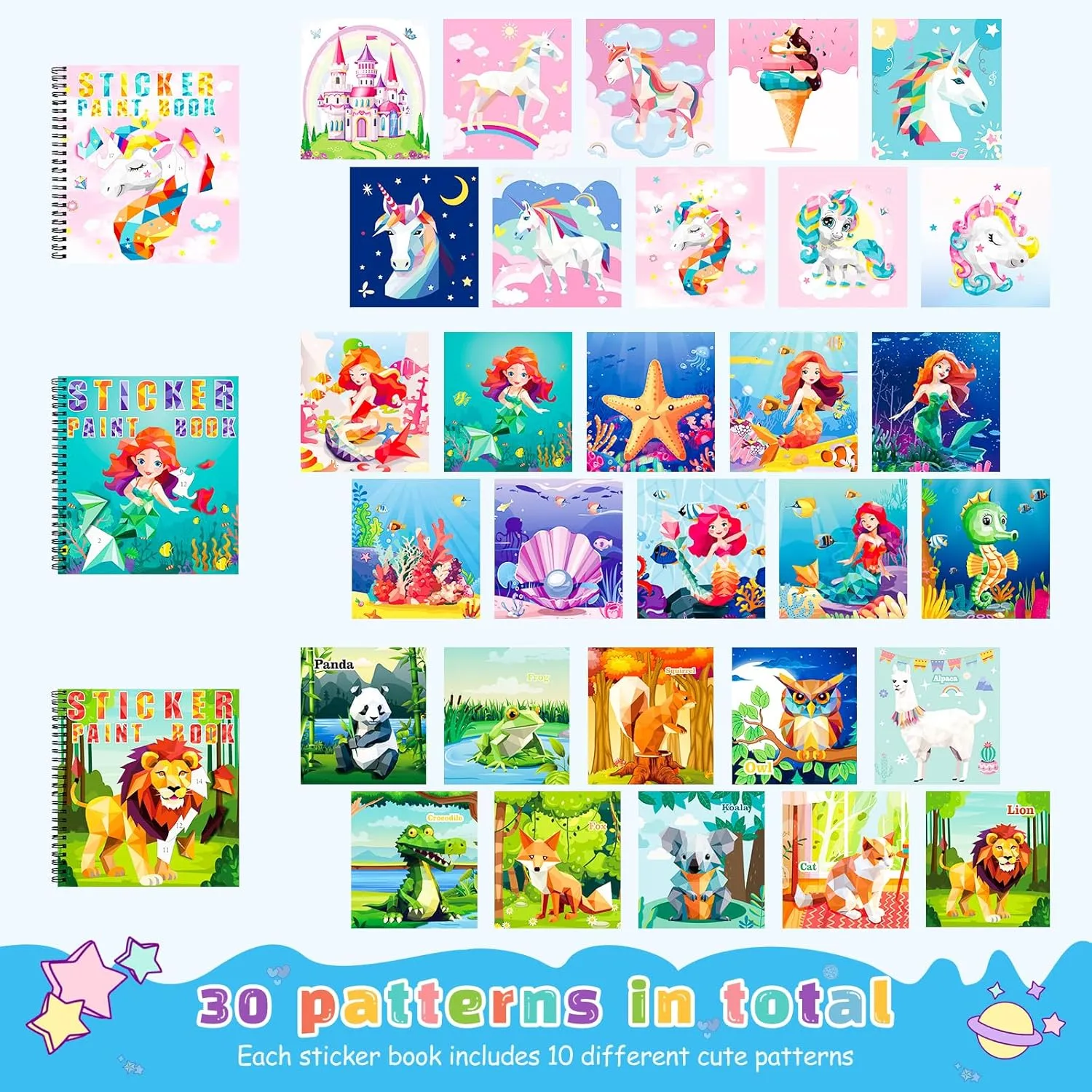 Gifts for Girls 4-10,Create 30 Pictures One Stickers at A Time homicozy 3PCS Sticker Paint Books for flatfish perennial Kids Ages 4-10,Unicorn Mermaid Animals Designs Paint by Stickers,Sticker by Numbers,Party Birthday 