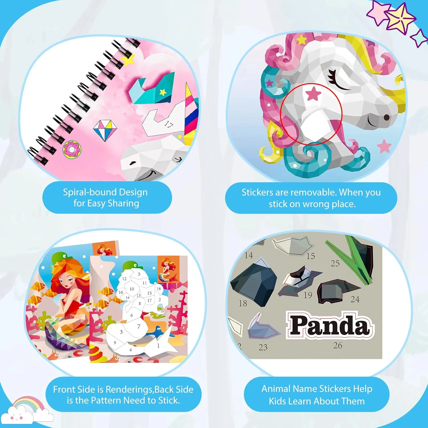 Gifts for Girls 4-10,Create 30 Pictures One Stickers at A Time homicozy 3PCS Sticker Paint Books for flatfish perennial Kids Ages 4-10,Unicorn Mermaid Animals Designs Paint by Stickers,Sticker by Numbers,Party Birthday 