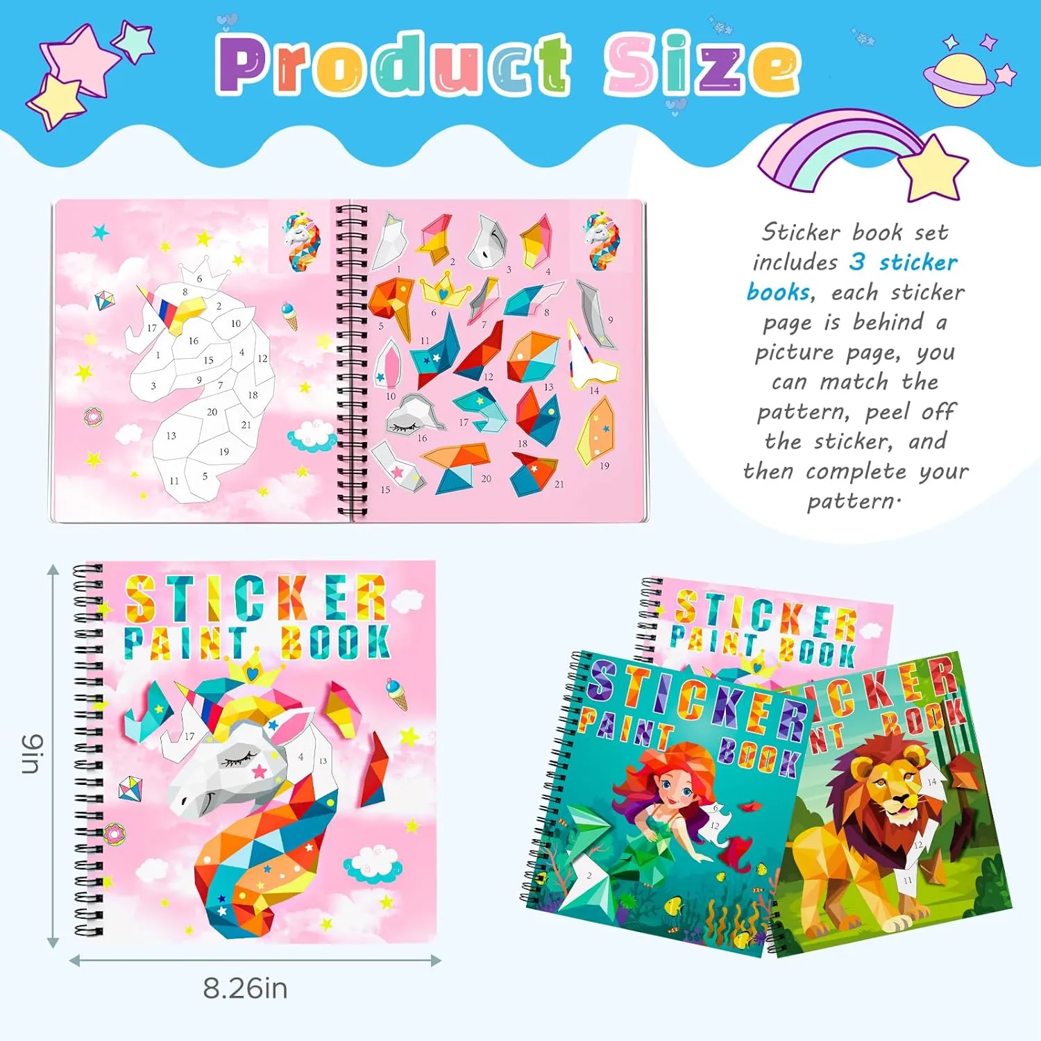 Gifts for Girls 4-10,Create 30 Pictures One Stickers at A Time homicozy 3PCS Sticker Paint Books for flatfish perennial Kids Ages 4-10,Unicorn Mermaid Animals Designs Paint by Stickers,Sticker by Numbers,Party Birthday 