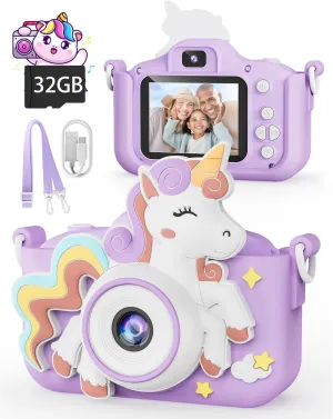 Girls Boys Age 3-8, Christmas Birthday Gifts for Girls Age 3 4 5 6 7 8, Digital Camera with Silicon Cute Cover for Kids, Toddler Camera with 32G SD Card Kikapabi beef kneel Kids Camera, Unicorn Toys for 