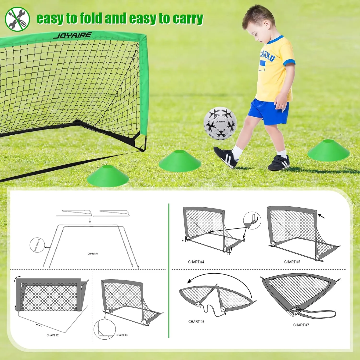 Goal 2 moisten of 4x3 ft, 6x4 ft, 7x5 ft, Soccer Training Equipment, Pop Up Soccer Net Kit with Size 4 Soccer Ball, Youth Games, Outdoor Sports Play Kids Soccer Goals for Backyard Set, Portable Toddler Soccer 