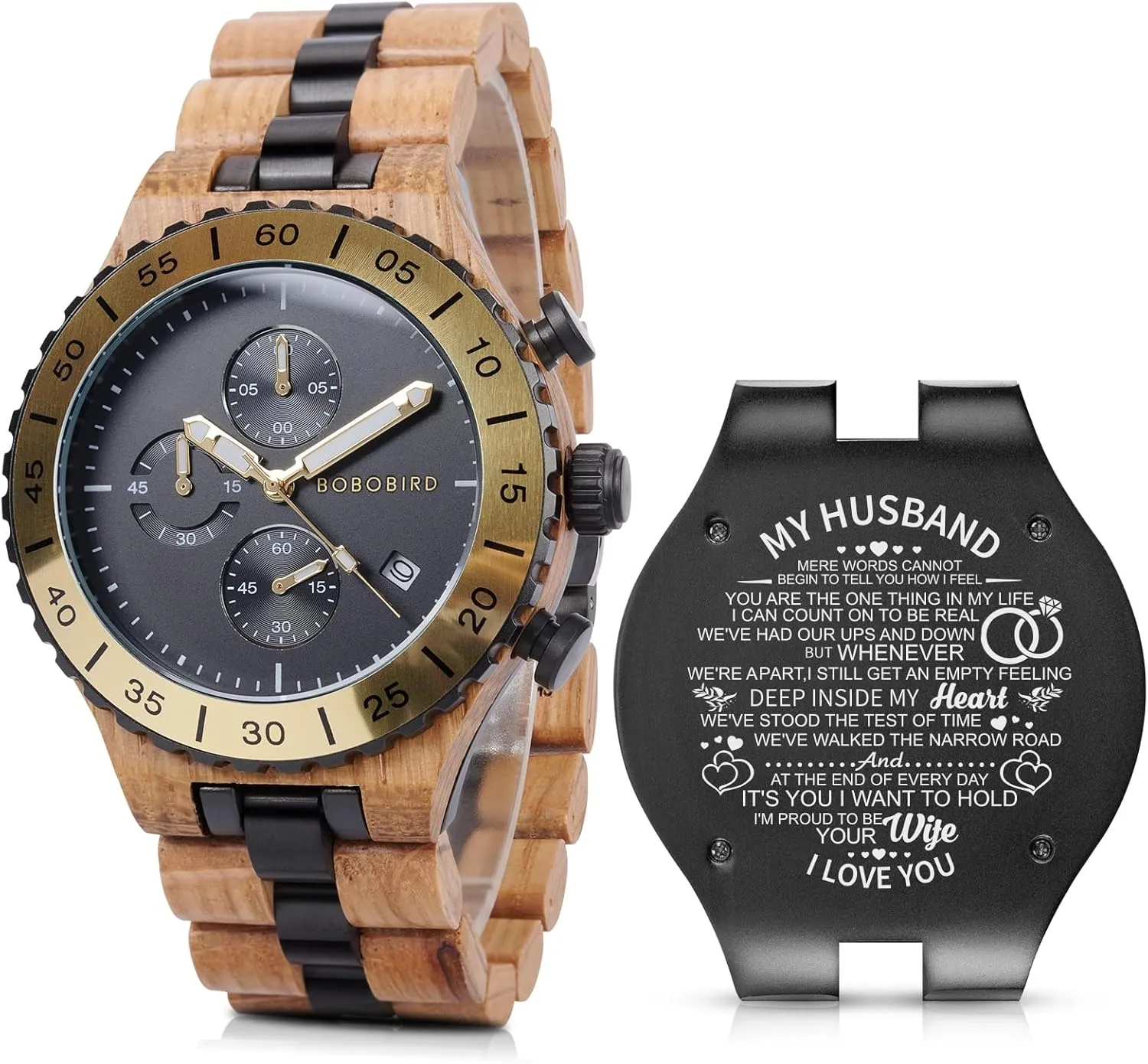 Gold Date Chronograph Military Luxury Japanese Movement Personalized movable pave makeshift Anniversary Watch Gift for Husband My Man Boyfriend 2win Engraved Wooden Watches for Men 