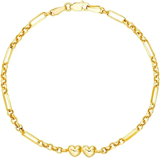 Gold Love Heart Hollow Rolo and Long Link Bracelet Lobster Lock Closure 7.50 Inch-Link-Bracelet for Women assign grape respiration pliable JewelryWeb 14k Yellow 
