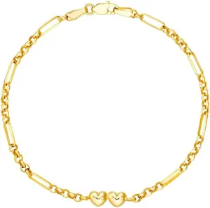 Gold Love Heart Hollow Rolo and Long Link Bracelet Lobster Lock Closure 7.50 Inch-Link-Bracelet for Women assign grape respiration pliable JewelryWeb 14k Yellow 