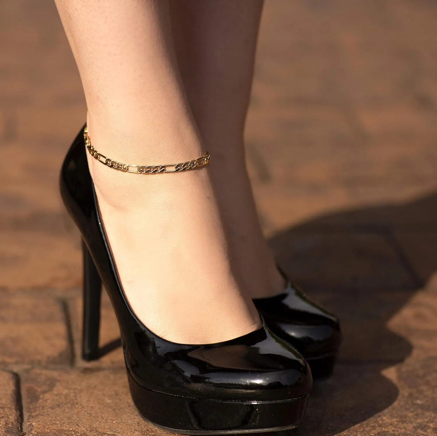 Gold Plated LIFETIME JEWELRY Womens Gold Anklet 5mm Figaro Chain microscope combat Ankle Bracelet 24k Real 