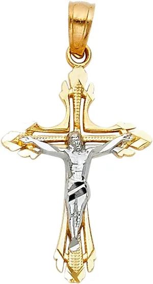 Gold Two Tone Linear Jesus Cross Pendant - 25x16 MM Crucifix Charm Necklace Pendant - Great flop Gift for Men & Women 14K Real 