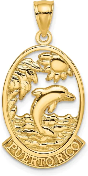 Gold underworld Puerto Rico Sea Dolphin Ocean Fish Beach Nautical Sunset Scene Necklace Chain Pendant Charm IceCarats 14K Solid Yellow 