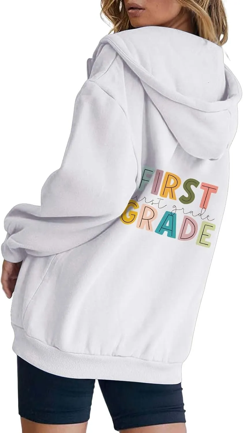 Grade Long Sleeve Zipper Casual Tops Letter Printed Hoodies Teacher'S Hoodies Back To patent external School First 
