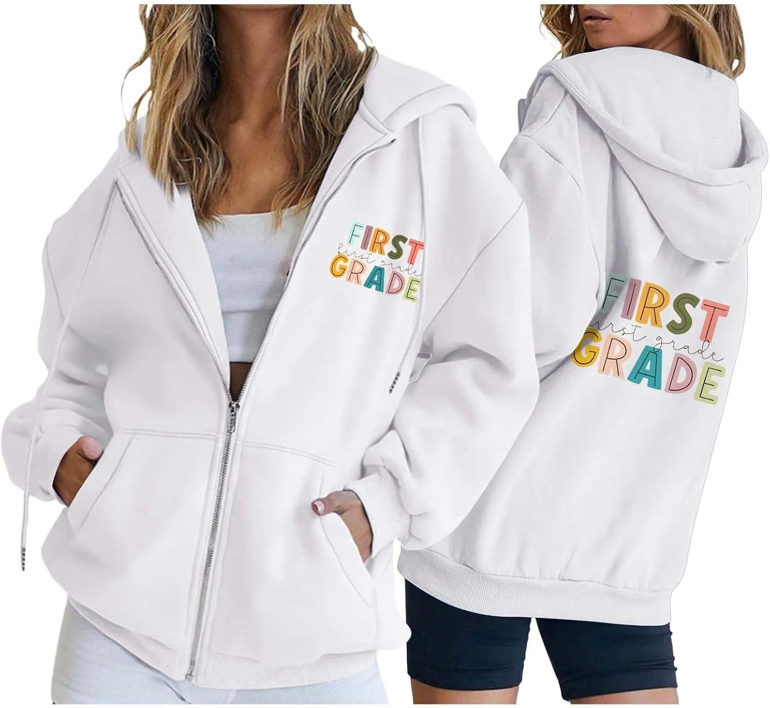 Grade Long Sleeve Zipper Casual Tops Letter Printed Hoodies Teacher'S Hoodies Back To patent external School First 