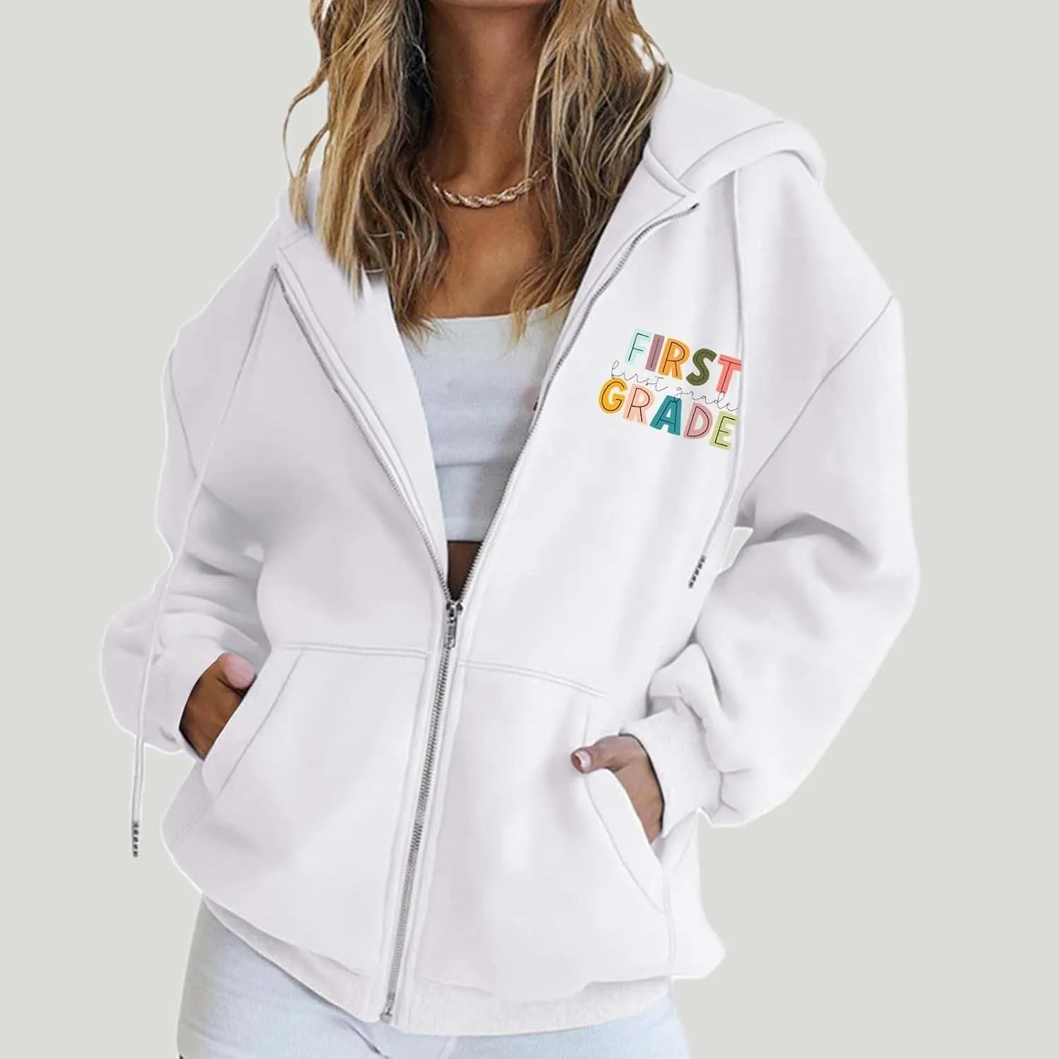 Grade Long Sleeve Zipper Casual Tops Letter Printed Hoodies Teacher'S Hoodies Back To patent external School First 