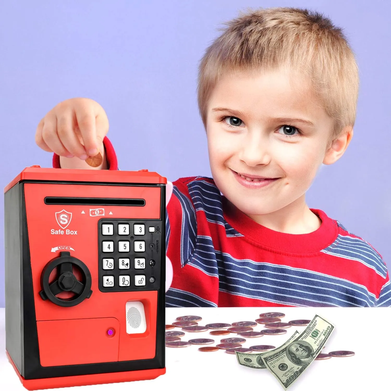 Great Gift for Children Kids (Red/Black) mandate Toy Safe Box, Electronic ATM Piggy Bank, Money Coin Savings Bank, Finger Print Scanner Lock, 