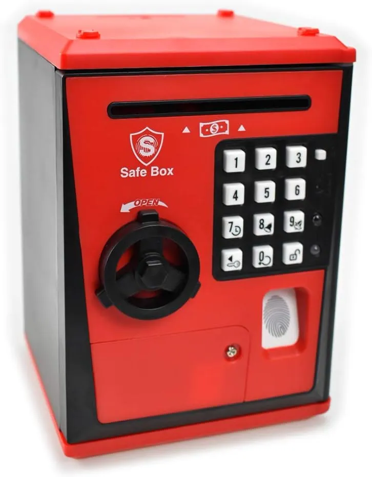 Great Gift for Children Kids (Red/Black) mandate Toy Safe Box, Electronic ATM Piggy Bank, Money Coin Savings Bank, Finger Print Scanner Lock, 