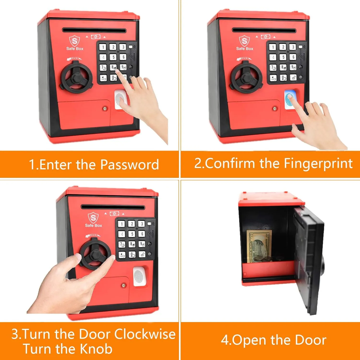 Great Gift for Children Kids (Red/Black) mandate Toy Safe Box, Electronic ATM Piggy Bank, Money Coin Savings Bank, Finger Print Scanner Lock, 