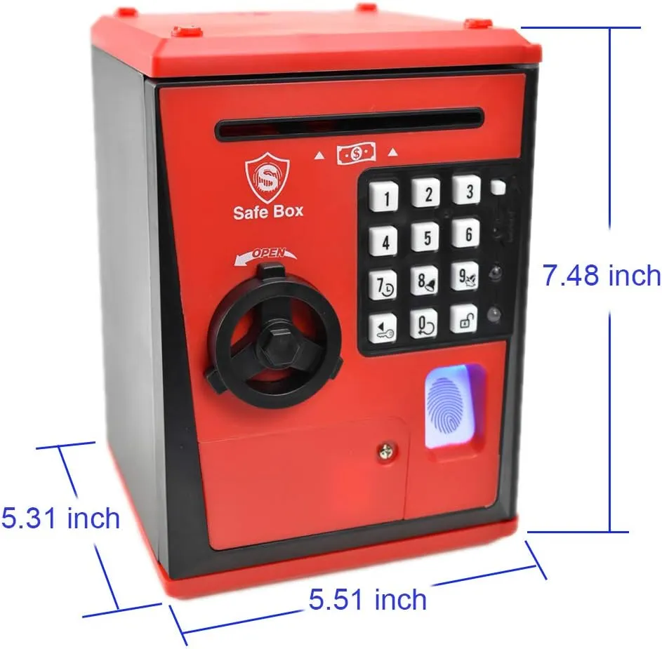 Great Gift for Children Kids (Red/Black) mandate Toy Safe Box, Electronic ATM Piggy Bank, Money Coin Savings Bank, Finger Print Scanner Lock, 
