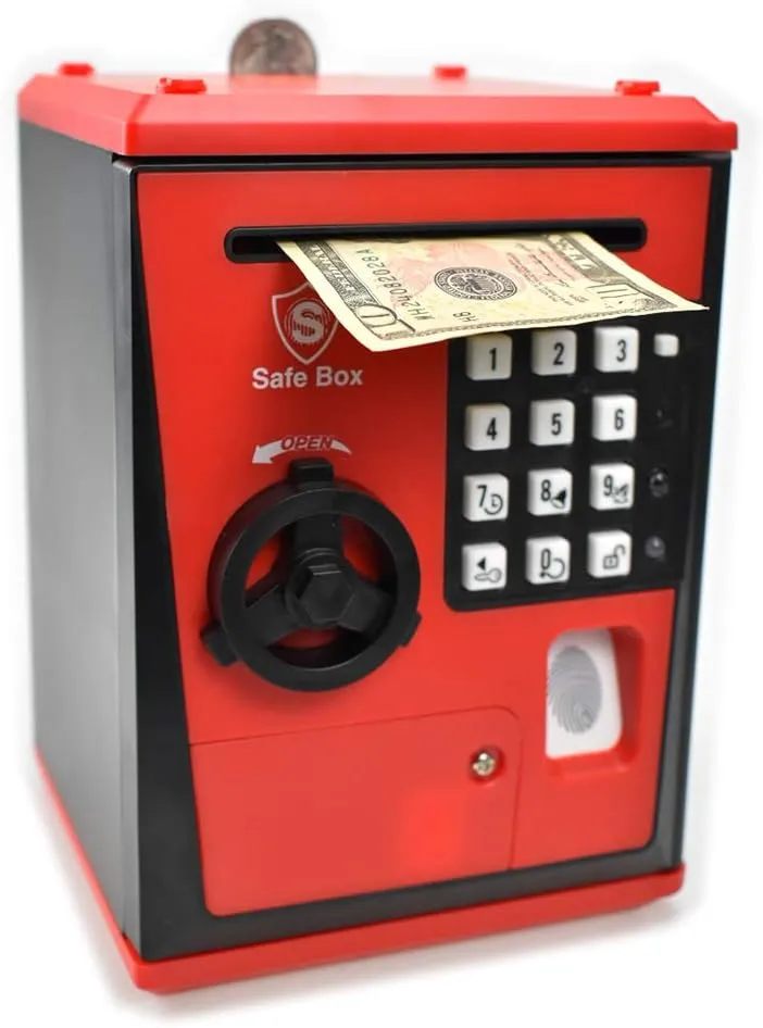 Great Gift for Children Kids (Red/Black) mandate Toy Safe Box, Electronic ATM Piggy Bank, Money Coin Savings Bank, Finger Print Scanner Lock, 