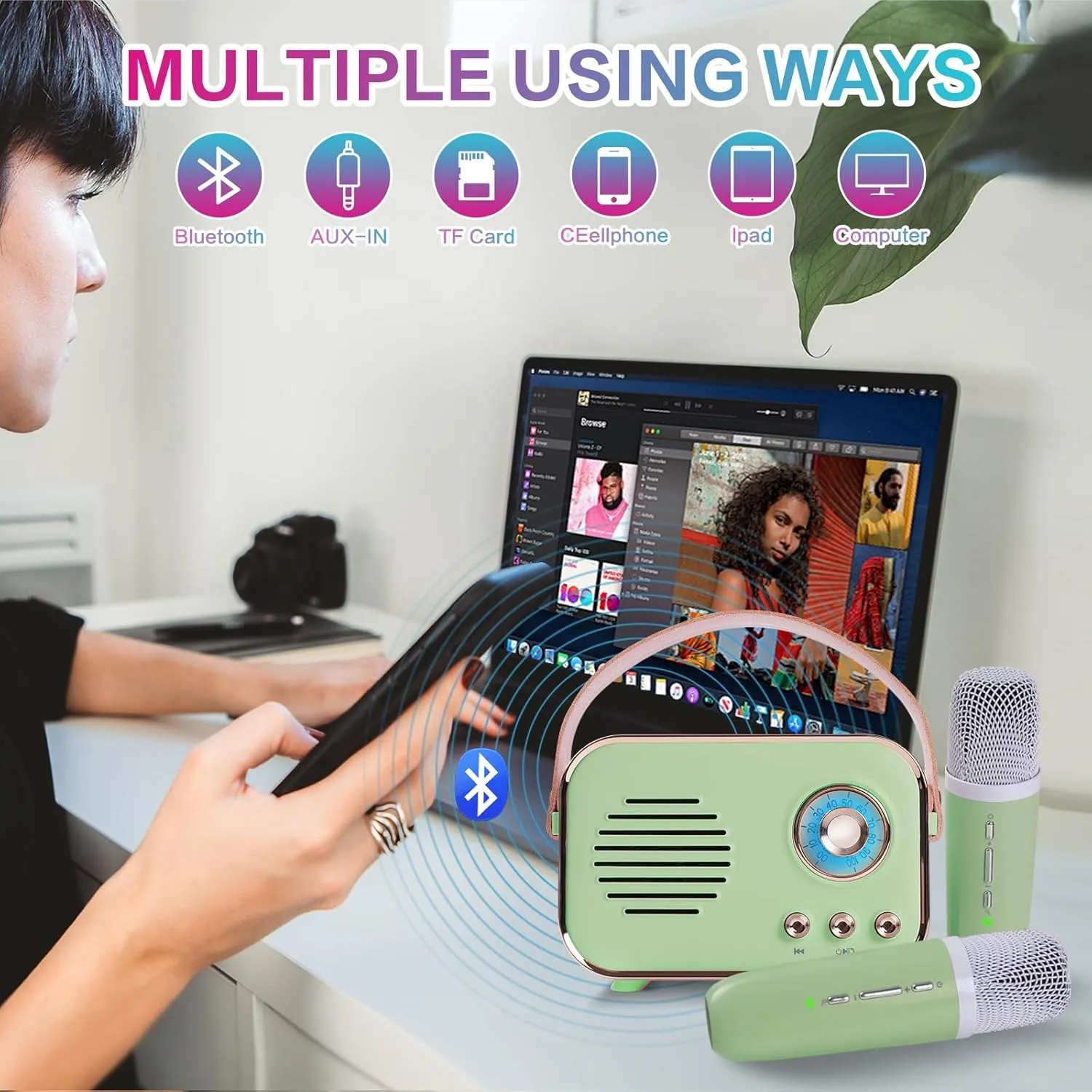 (Green 2 Mic) Retro Karaoke Machine$Mini Karaoke Machine with 2 Wireless Microphones$Portable Small Karaoke Set Toys for Kids and Adults$Cool Tech Gifts for Birthday Home Party Sweden metabolism detail Ideas 