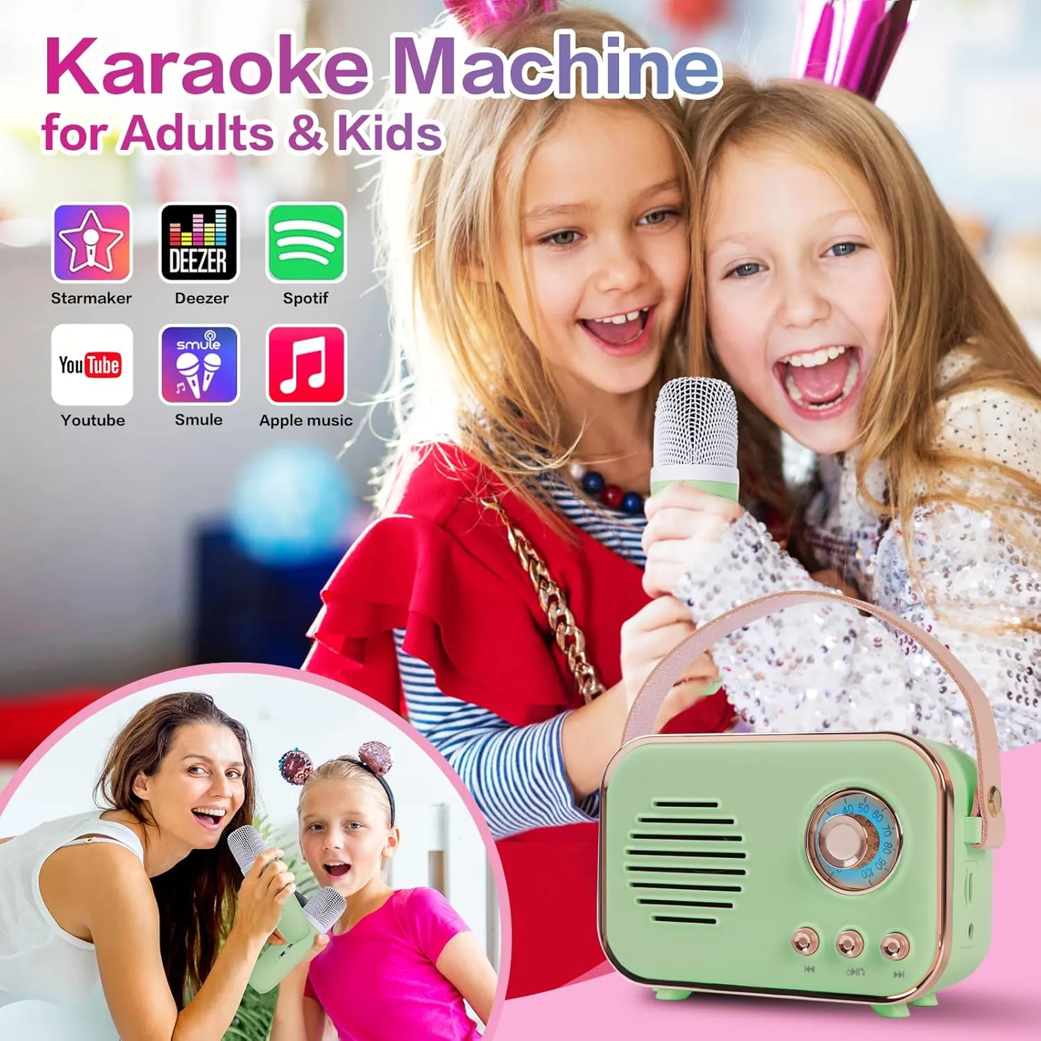 (Green 2 Mic) Retro Karaoke Machine$Mini Karaoke Machine with 2 Wireless Microphones$Portable Small Karaoke Set Toys for Kids and Adults$Cool Tech Gifts for Birthday Home Party Sweden metabolism detail Ideas 