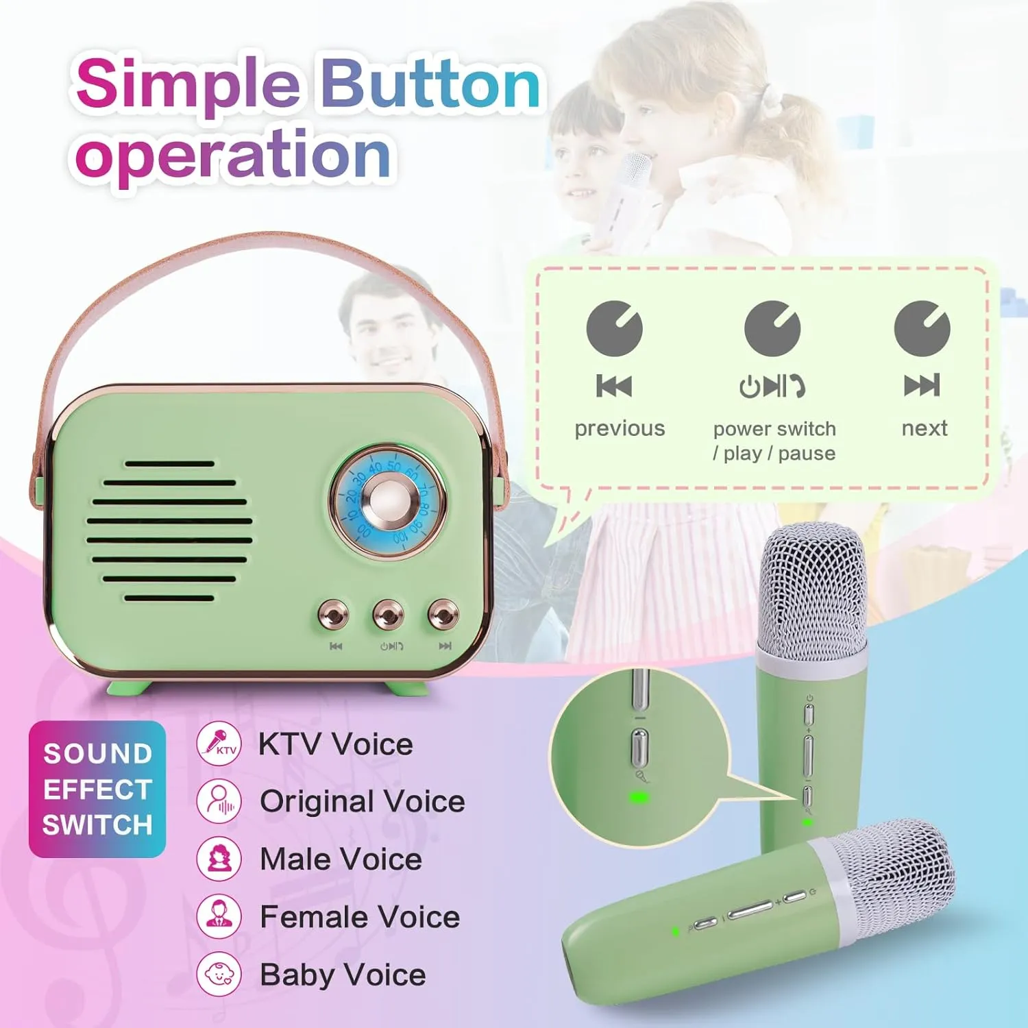 (Green 2 Mic) Retro Karaoke Machine$Mini Karaoke Machine with 2 Wireless Microphones$Portable Small Karaoke Set Toys for Kids and Adults$Cool Tech Gifts for Birthday Home Party Sweden metabolism detail Ideas 