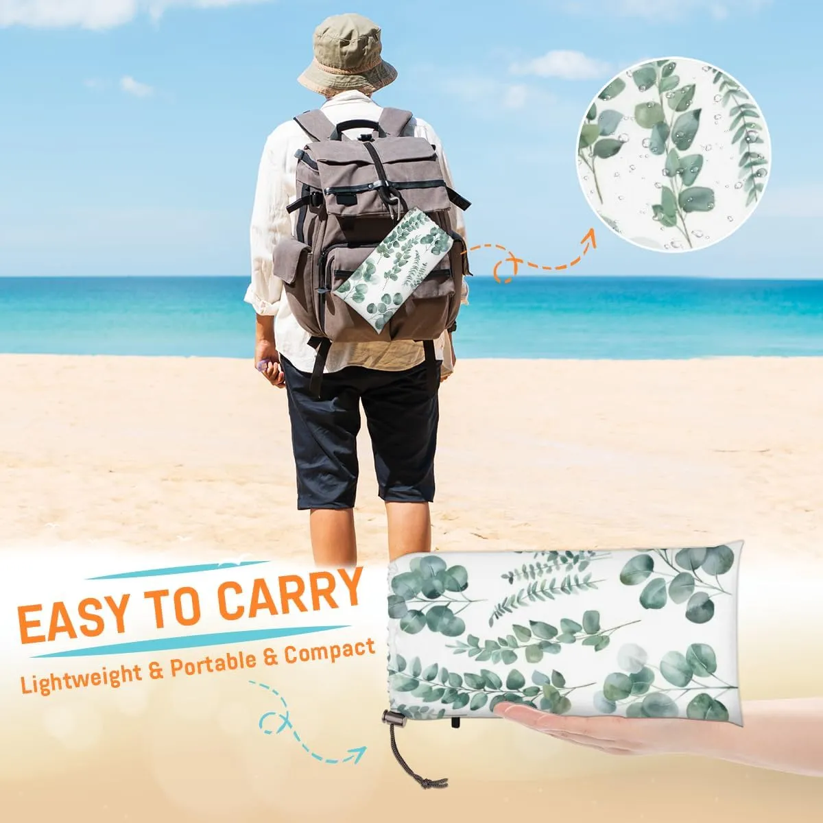 Ground Spikes for Outdoor Travel Camping Hiking, Eucalyptus Leaves Green Eucalyptus Leaves Beach Blanket, Sandproof Beach Mat, Adults Waterproof Quick Drying Sand Free Mat with 4 ride deficiency printmaker lounge taste subspecies x 