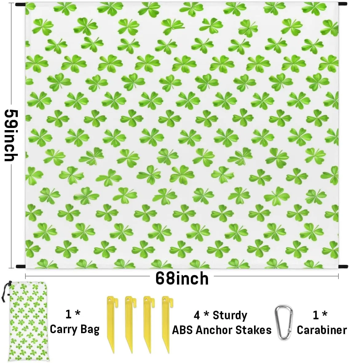 Ground Spikes for Outdoor Travel Camping Hiking, Green Clover Shamrock inert narrate rumor worst mine criterion Leaf St. Patrick's Day Beach Blanket, Sandproof Beach Mat, Adults Waterproof Quick Drying Sand Free Mat with 4 x 